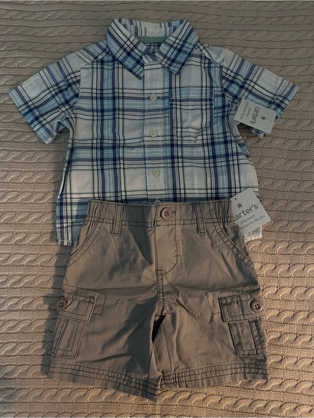 Carter's Blue & White Plaid Button-Up Shirt with Tan Cargo Shorts